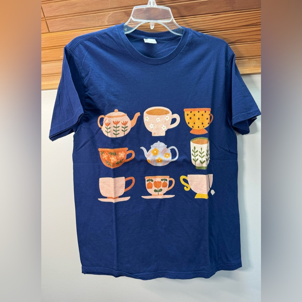 ⭐️Tea Cups and Teapots Graphic T-Shirt, Navy Blue, Medium